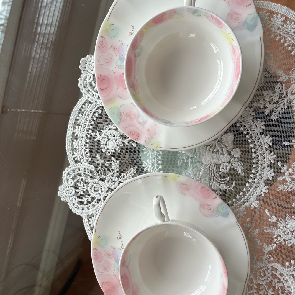 Nina Ricci Porcelain Tea Cups & Saucers with Pastel Pink Rose Border (2 sets)